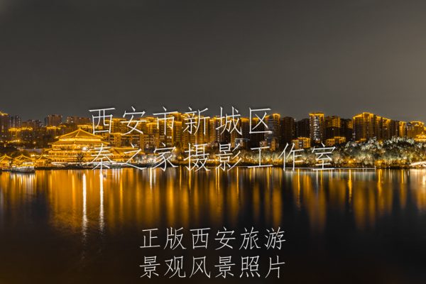 夏天的中国陕西省西安曲江池遗址公园美丽的傍晚夜景黑金风格