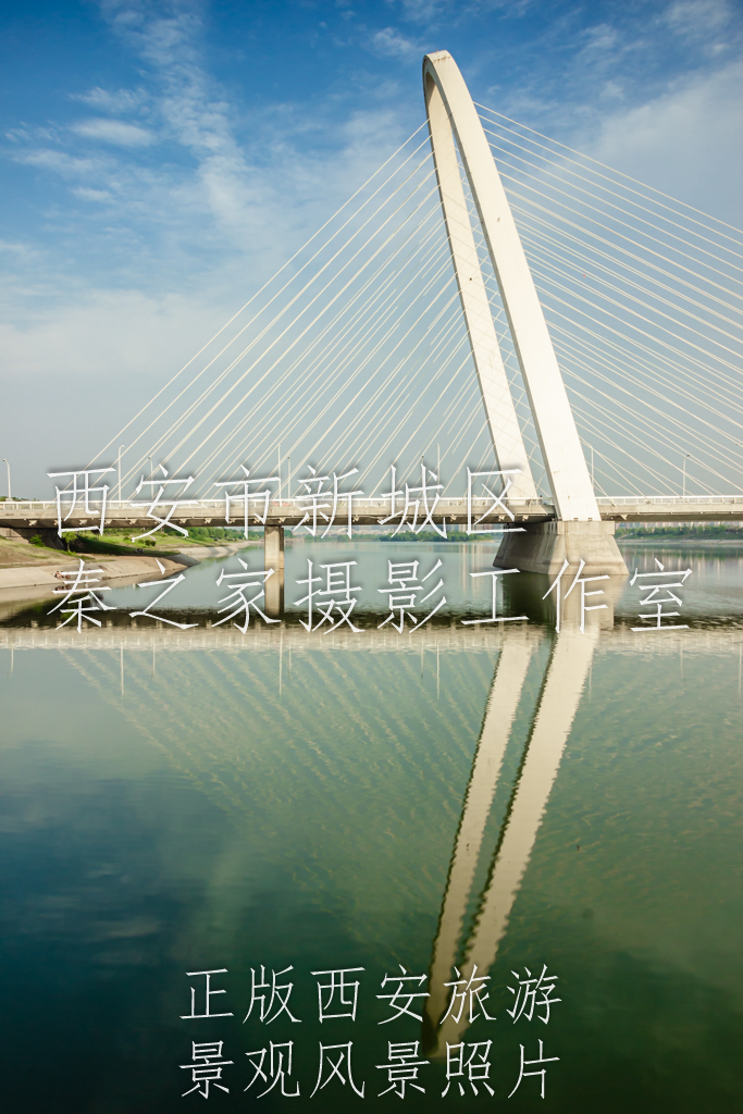 夏季蓝天白云下的中国陕西省西安市浐灞生态区新灞桥与灞河风景